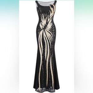 ANGEL FASHIONS Women's Sheer Gold Sequined Black Splicing Evening Dress